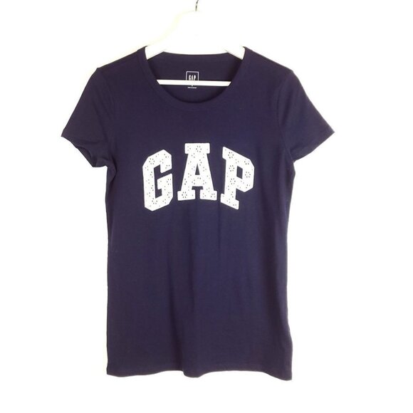 GAP small Navy blue crewneck t-shirt White‎ Eyelet GAP spellout short sleeves - Picture 1 of 6
